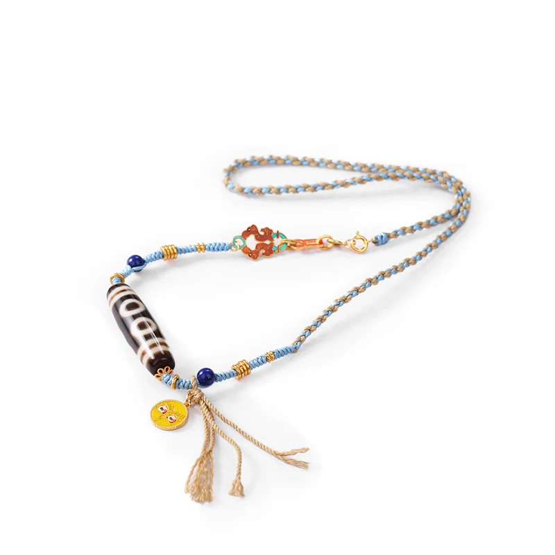 PurePeak Five-Eye Dzi Necklace with Lapis Lazuli Gemstones (38.5mm)
