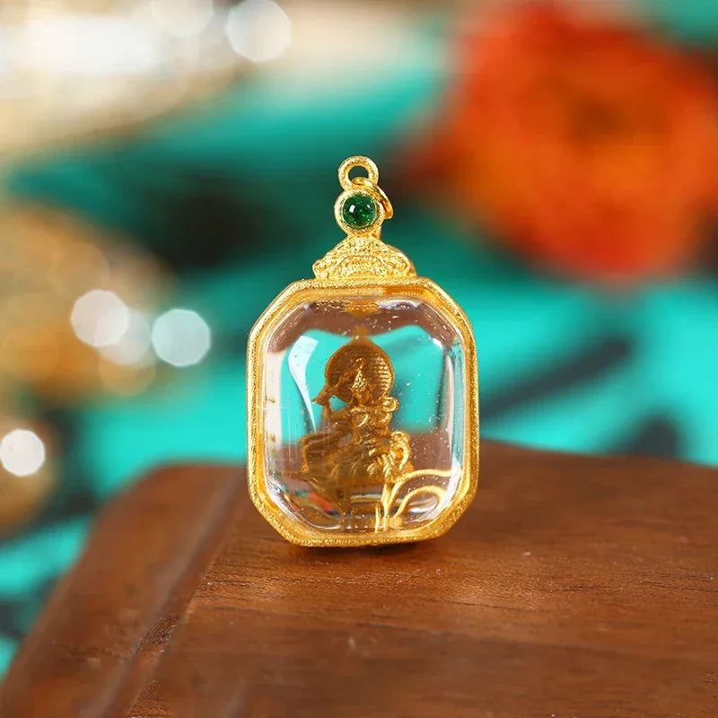 ZenWuxiang Manjushri White Crystal Silver Gold Plated Pendant (1.1x1.3cm)