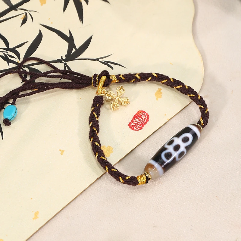 PurePeak Five-Shine Dzi Bracelet with Copper Imitation Turquoise South Red Agate