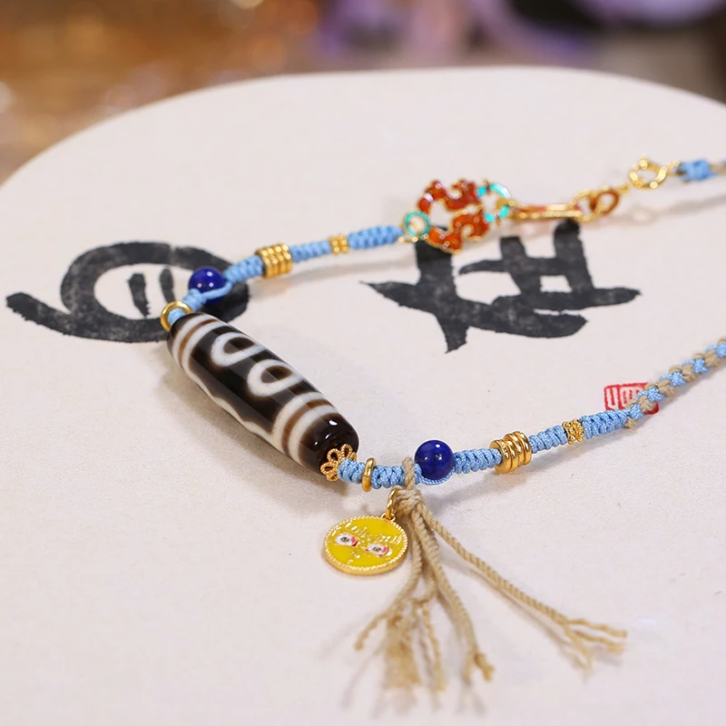 PurePeak Five-Eye Dzi Necklace with Lapis Lazuli Gemstones (38.5mm)