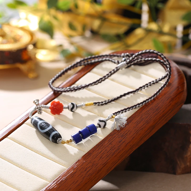 PurePeak Single-Eye Heaven-Earth Dzi Necklace with Lapis Lazuli