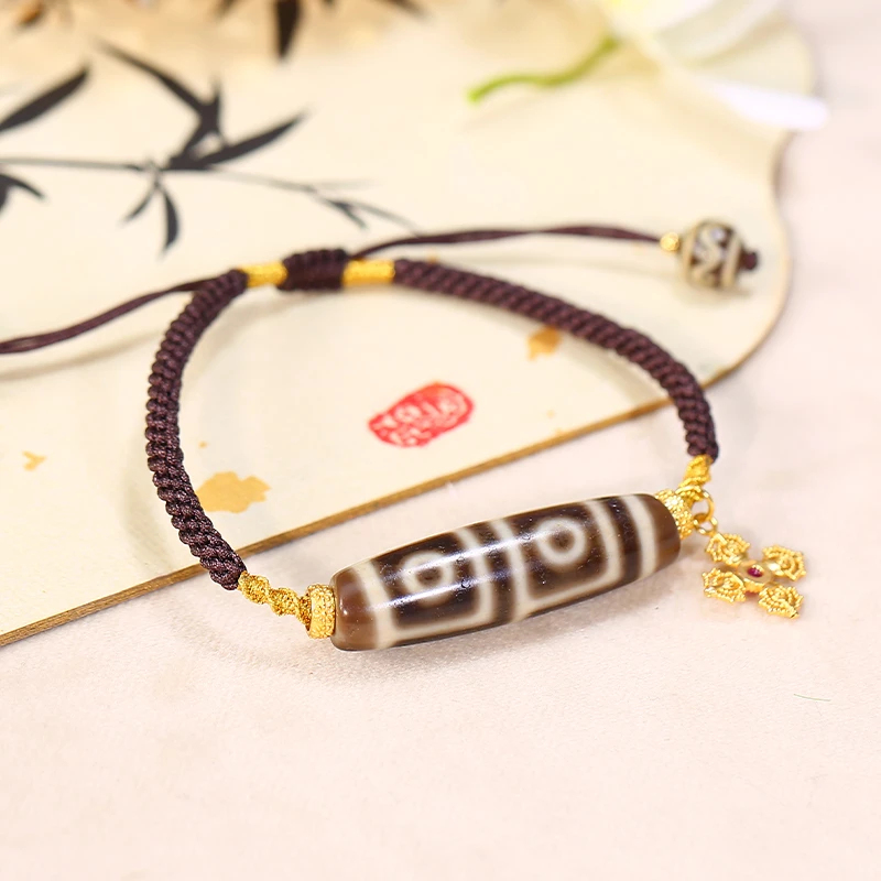 PurePeak Four-Eye Dzi Bracelet with Wave Pattern Beads (40mm)