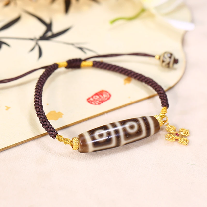 ZenWuxiang Four-Eye Dzi Bracelet with Wave Pattern Beads (40mm)