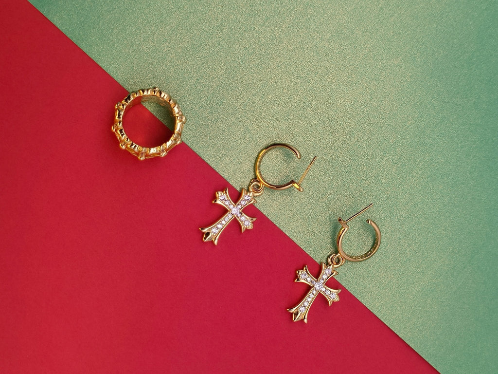 Chrome Design New Cross Diamond Stud Earrings in Gold and Silver